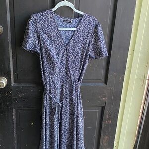 Women's Navy Floral Wrap Midi Dress with Tie Waist